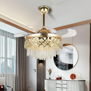 42 Inch Dimmable Crystal Ceiling Fan Retractable fan blade Modern Fandelier - Picture 1 of 14