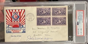 1939 FDC SIGNED JOE DiMAGGIO PSA/DNA AUTO 8 CENTENNIAL Baseball Stamp Block 4 - Picture 1 of 3