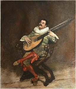 JOUEUR DE LUTH dans un FAUTEUIL DAGOBERT -Gravure 19e aquarellée (Meissonier) - Imagen 1 de 2