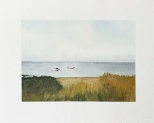 Original Painting Seascape Landscape Maine Coast Boats SALTY AIR Signed 8x10 - Picture 1 of 4