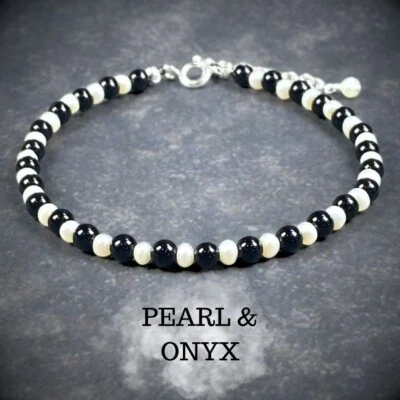 Pearl & Onyx Bracelet - White & Black - 7-8 inches - 925 Sterling Silver - B112 - Image 1 of 4