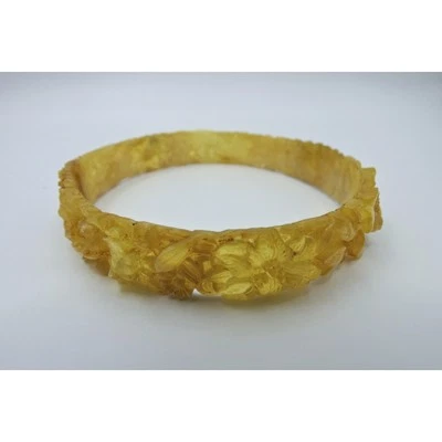 Vintage Art Deco Yellow Celluloid Bangle 1920s Floral Carved Bracelet Rare - Image 1 of 4