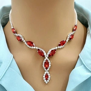 3 Pcs Silver Red Crystal Bridal Party Jewellery Set Necklace Earring Bracelet ∮ - Picture 1 of 6
