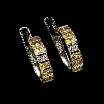 925 Sterling Silver Earrings Princess Cut Yellow Sapphire Natural Gemstone Jewel - Image 1 of 4