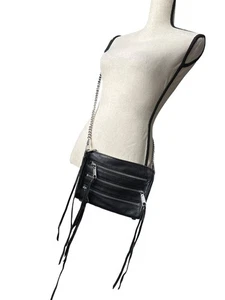 Rebecca Black Leather Clutch Crossbody Bag Zipper Accents Detachable Chain Strap - Picture 1 of 8
