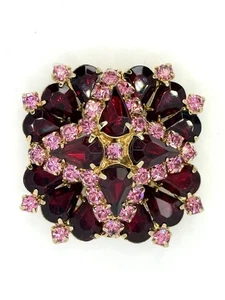 Vintage Gorgeous Unsigned Pink Red Purple Big Rhinestone Brooch Pin - Picture 1 of 7
