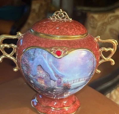 Caja de música Thomas Kinkade "Sweetheart Cottage" jarrón vintage asas doradas lim. Ed Foto 1 de 4