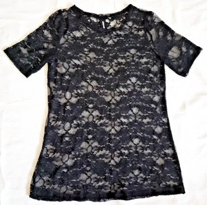 NEU! AGNES & DORA SPITZE BLUMEN TRANSPARENT TOP SCHWARZ KURZARM DAMEN GR. M - Bild 1 von 5