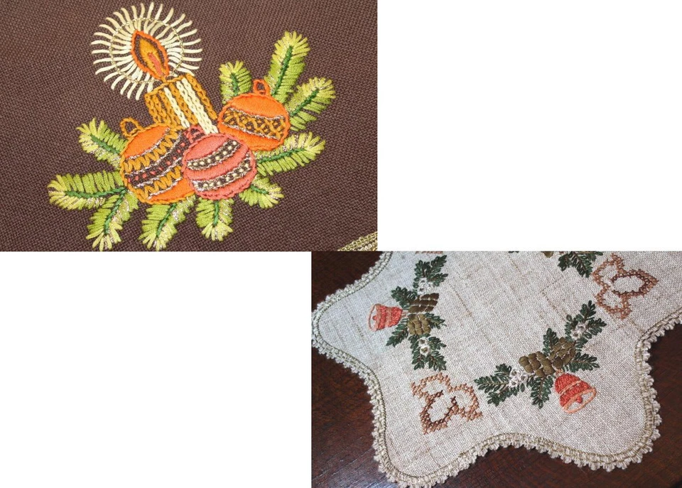 A POP OF CHRISTMAS PIZZAZZ! VINTAGE HAND EMBROIDERED BROWN WOOL RUNNER + STAR - Image 1 of 1