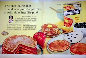 1956 Betty Crocker Bisquick Pancakes 2-Page Centerfold Print Ad Blueberry Apple - Picture 1 of 4