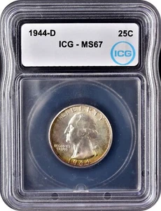 1944-D Washington Silver Quarter 25C Gem Uncirculated ICG MS67 Pretty Toning - Picture 1 of 3