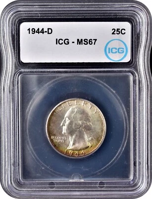 1944-D Washington Silver Quarter 25C Gem Uncirculated ICG MS67 Pretty Toning - Image 1 of 3