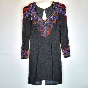 Abito donna Oleg Cassini paillettes perline taglia 8 nero vintage sera formale anni 80 - Foto 1 di 9