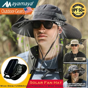 Men Women Outdoor Wide Brim Sun Hat with Solar Fan UV Protection Fishing Hiking - Picture 1 of 21