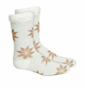 Women's Charter Club White/Blush Snowflake Slipper Socks W/Faux Sherpa Size L/XL
