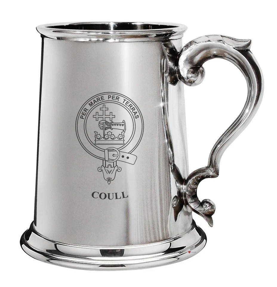 Coull Family Crest Polished Pewter 1 Pint Tankard with Scroll handle - Image 1 of 1