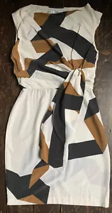 vtg DVF cream Abstract Pattern ruffle fitted front tie silk abstract dress Xs 6 - Picture 1 of 11
