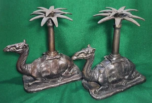 CAMEL & PALM TREE 13" Bronze Sculpture CANDLE HOLDERS (2) 1950's VINTAGE #53 - Picture 1 of 11