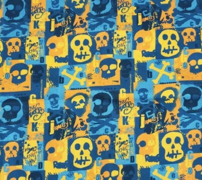 NEW David Textiles Fabric Orange & Blue Skull Cross Bones Cotton Blend 1 Half... - Image 1 of 4