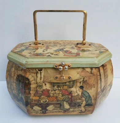 RARE BEAUTIFUL VINTAGE ANTON PIECK D.A.C.N.Y. WOOD  DECOUPAGE HAND MADE BAG  - Image 1 of 4