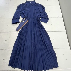 Blue V-Neck Long Sleeve Accordion Style Belted Maxi Dress Women's Size L NEW - Picture 1 of 6