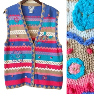 Knit Sweater Vest Embroidered Embellished Colorful Cottagecore Grannycore Sz L - Picture 1 of 9