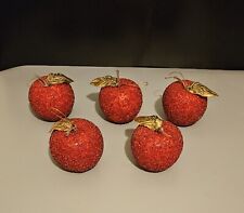 Vintage Sugar Beaded Apple Christmas Ornaments Set Of 5 Red With Gold Leaf