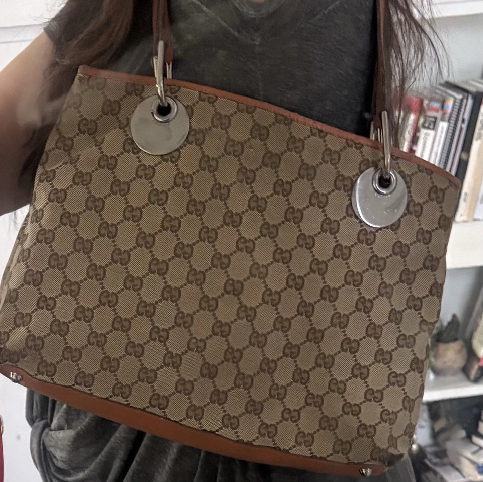 AUTHENTIC GUCCI Eclipse Italy GG Monogram Tote handbag Purse 12x10 Caramel - Image 1 of 4