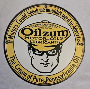VINTAGE OILZUM MOTOR OIL LUBRICANTS 11.5" ROUND PORCELAIN ADVERTISING SIGN - Picture 1 of 7