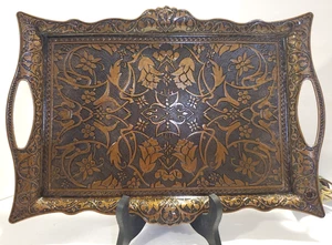 Turkish Tea Coffee Serving Tray w Handles Copper Tone – Ornate Decorative Metal - Picture 1 of 14