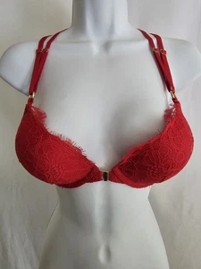 Victoria’s Secret Bombshell Plunge Bra Red Lace Strappy Back Front Close Sz 32C - Picture 1 of 12