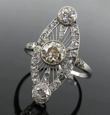 OEC Moissanite Bezel Set Classic Art Deco Navette Ring Filigree 925 Silver - Image 1 of 2