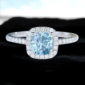 1.50 Ct Fancy Vivid Blue Cushion Cut IGI Lab Grown Diamond Ring 14K White Gold - Picture 1 of 16
