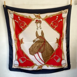 Vintage Square Neck Scarf Head Scarf Blue Red Horse Equestrian Norma Dori 80s - Picture 1 of 6