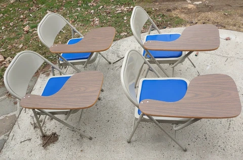 4 Metal Folding Chairs Wood Desk Blue Pad Seat Right Side Folds Flat *WILL SHIP* Cover