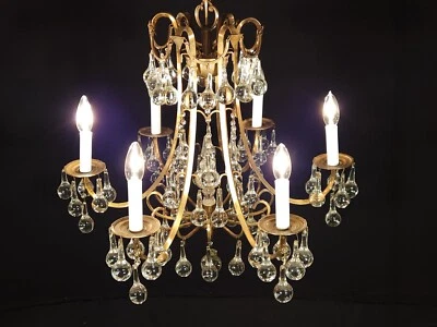VINTAGE Italian Hollywood Regency Brass 6 Arm 6 Light MURANO Drops Chandelier - Image 1 of 4