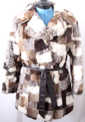 Alaskan Furs Quilted Rabbit Patchwork Tie Fashion Jacket Trench Coat Women's S - Image 1 of 4