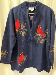 Quacker Factory Size 2X Cardinal Embroidered Sequin Zip Cardigan/Sweater Navy - Picture 1 of 7