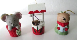 3 Assorted Christmas Ornaments 2 JASCO Ceramic Bells-1 Wood Wishing Well Vtg Z53 - Picture 1 of 6