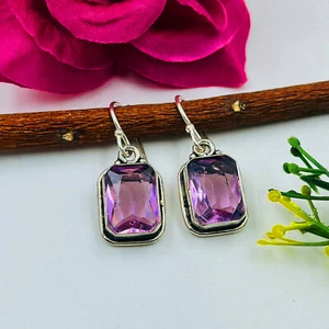 925 Sterling Silver Pink Topaz Gemstone Handmade Jewelry Earring - Picture 1 of 3
