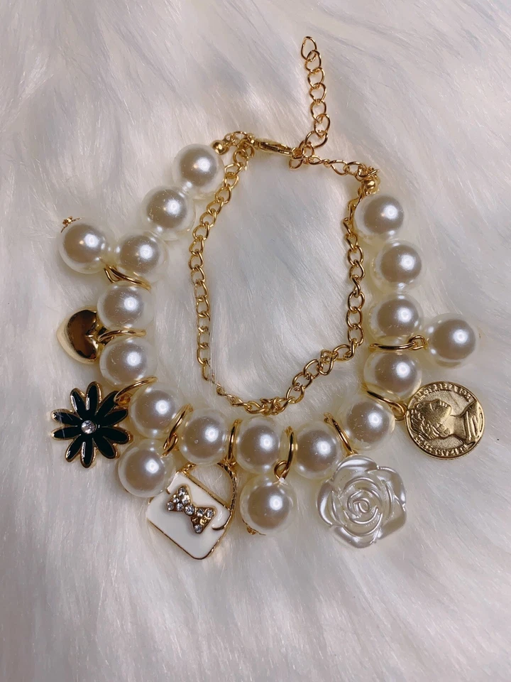 Faux Pearl Charm Bracelet camellia Flower Heart Mini Purse - Image 1 of 1