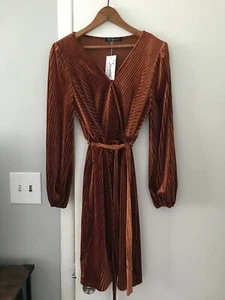 NEW Simplee Burnt Orange Rust Velvet Belt Dress Long Sleeve Button V-Neck Medium - Picture 1 of 9