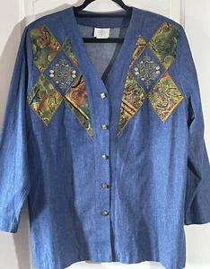 Vintage Denim Blazer Jacket Women's Size L Embellished Shoulder Pads Made in USA - Picture 1 of 11