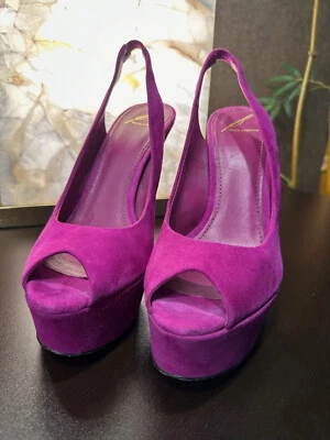 EUC Brian Atwood Fushia 麂皮绒露趾厚底细高跟鞋露背高跟鞋 8 — 第 1/4 张图片