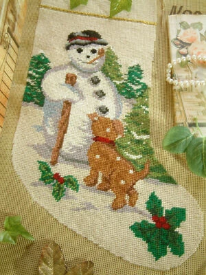 Lovely Snowman Cute Puppy Christmas Theme Needlepoint Canvas Completed HandWoven - Image 1 of 4