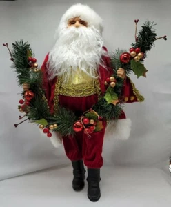 19" Standing Santa Figure Glass Eyes Red Velvet Sheeps Wool Garland Life-Like - Picture 1 of 12