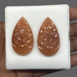 2 Pcs Natural Orange Sunstone Pair 35mm*20mm Carved Glossy Untreated Gemstones - Picture 1 of 12