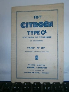Catalogue  pub auto tarif Citröen voiture 10 ch type C4 de tourisme an 1930 - Picture 1 of 3