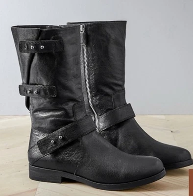 Women’s Eileen Fisher Black Leather Motor Boots 10 Biker Grunge Whimsygoth 90’s - Image 1 of 4