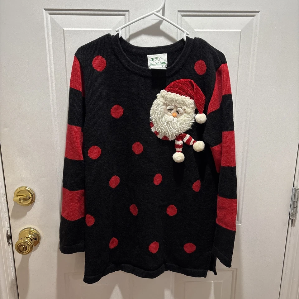 Suéter Vintage Quacker Factory Negro Rojo Lunares Santa Feo Navidad M Foto 1 de 4